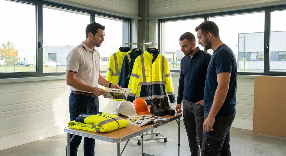 Un professionnel en tenue commerciale (polo ou chemise Pro Diffusion si visible) présentant des catalogues et des échantillons d'équipements de protection individuelle et de chaussures de sécurité à des employés en environment de travail (atelier, entrepôt ou cuisine professionnelle). Le professionnel tient des documents ou montre des produits, les clients sont attentifs et intéressés par la présentation. La scène montre clairement le déplacement du fournisseur directement sur le site professionnel du client.