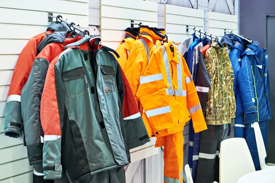 Int&eacute;rieur d'un magasin sp&eacute;cialis&eacute; pr&eacute;sentant des v&ecirc;tements de travail professionnels suspendus sur portants