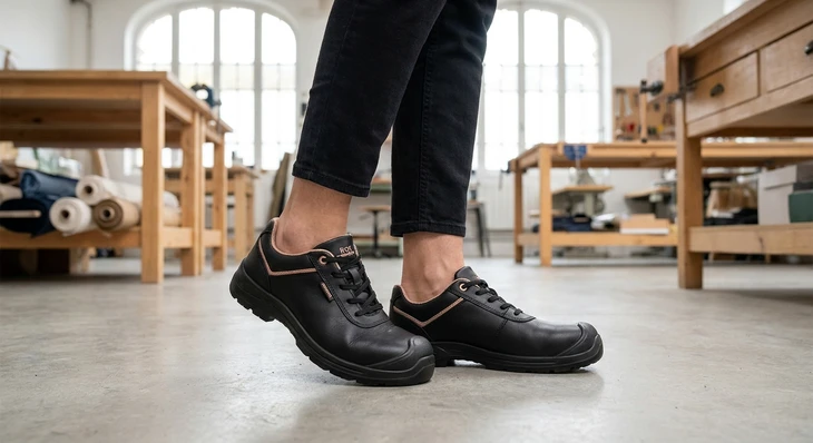 Photographie montrant un responsable d'une entreprise de vêtements de travail présentant une gamme d'équipements professionnels (blouses, pantalons de travail, chaussures de sécurité, casques, gants) à un groupe de clients professionnels issus de différents secteurs (ouvrier du bâtiment, agent sanitaire, restaurateur) dans un environnement de magasin ou d'espace commercial. La scène doit capturer l'idée d'un interlocuteur unique offrant des solutions complètes à des professionnels de secteurs variés.