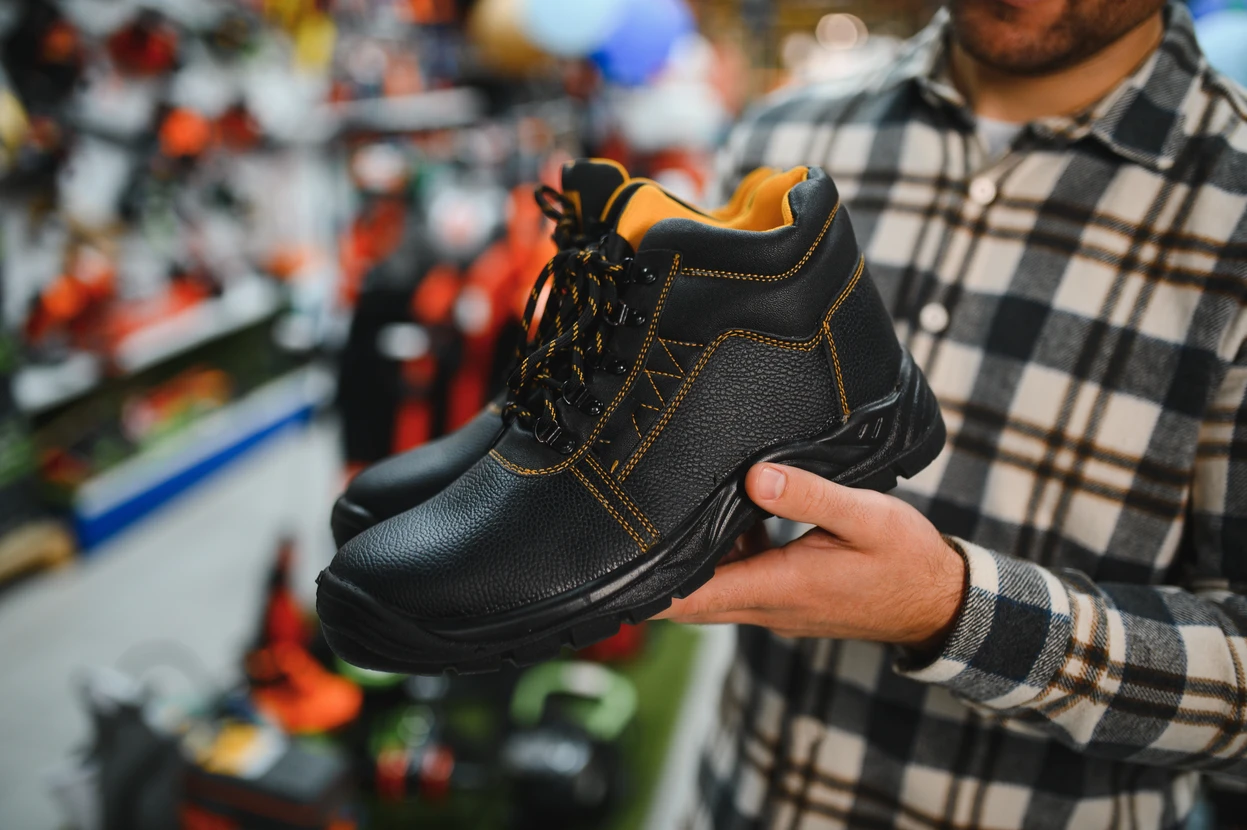 Chaussures de sécurité professionnelles en cuir nubuck vert foncé avec renforts noirs, lacets multicolores orange et noir