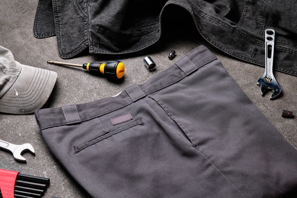 Un professionnel en tenue professionnelle souriante présentant des vêtements de travail et des équipements de protection à un client dans les locaux de ce dernier. Le professionnel tient une pochette ou valise d'échantillons, montrant des articles de vêtements de travail et EPI. Le cadre est un bureau ou un espace de travail professionnel (bureau, atelier ou site). L'atmosphère est celle d'une visite commerciale personnalisée et professionnelle.