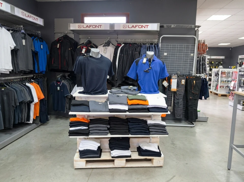 Photographie d'un commercial ou conseiller professionnel en magasin spécialisé présentant des équipements de protection individuelle (vêtements de travail, casques, gilets de sécurité, chaussures de sécurité) à un client professionnel en tenue de chantier. Le conseiller pointy du doigt vers les produits sur un présentoir ou une étagère bien organisée, mettant l'accent sur le conseil et la présentation des gammes de sécurité. Ambiance professionnelle et sérieuse, contexte clairement identifié comme un magasin spécialisé en équipements professionnels avec des produits visibles de qualité et de sécurité.